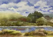 5x7 Pamela Wilhelm Original Watercolor Cloudy Sky On The Serene River