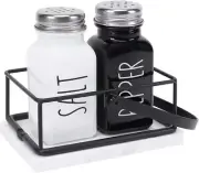 2 Salt and Pepper Shakers with Marble Holder Black and White Glass Refillable