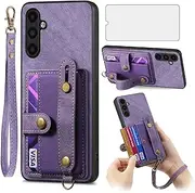 [Asuwish] Phone Case for Samsung Galaxy A04s Wallet Cover with Tempered Glass Screen Protector and Lanyard Wrist Strap Slim Stand Credit Card Holder Slot Leather Cell A04S SM A047F 2022 Women Men Purple