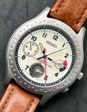 Vintage New 1997 SEIKO Titanium Ultrasonic Alarm Mens 40mm Quartz Watch Tan Gray