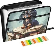 Quteprint 13 Pockets Expanding File Folder with Zipper Closure, Funny Reading Dachshund Dog Accordion File Folder with Sticky Labels, Letter Size A4 Papers Expandable File Document Organizer