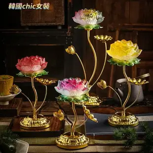 佛燈七彩蓮花燈插電家用長明燈琉璃led燈佛前水晶電子結婚荷花供佛燈