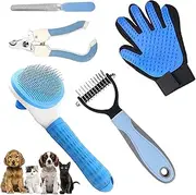 Ultimate 5-in-1 Cat Grooming Kit - Innovative Self-Cleaning Slicker Cat Brush - Shedding Brush with Comb, Flea Comb, Bath Brush, and Undercoat Rake - Complete Fur Care Set for Cat and dog - Short and Long Haired cats/dogs (Blue)