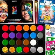 Face Paint Kit for Kids - 30 Stencils 15 Large Water Based Paints 2 Glitters - Great Halloween Makeup Kit Professional Face Paint Palette Face Paints Safe for Sensitive Skin Face Painting Book