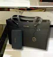 Michael Kors Large MF Pocket Tote Black Leather & Trifold ID Card Wallet Set