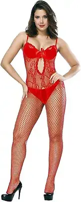 Fishnet One Piece Body Stocking Open Crotch Design One Size Red