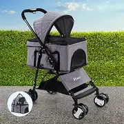 i.Pet Pet Stroller, Double Cat Dog Carrier Backpack Travel Strollers Pram Seat Trolley Outdoors Transport Carriers, Folding with 4 Wheels Water Resistance Grey