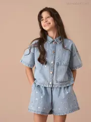 Angel & Rocket Blue Zeta Diamonte Short Sleeve 100% Cotton Denim Shirt (AN7650) | $60 - $69