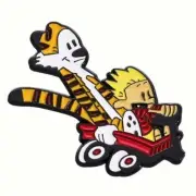 Two friends race in a bright red wagon. Could it even be downhill? Pin, brooch
