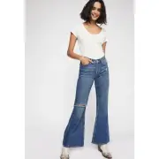 FREE PEOPLE Jeans 25 RELAXED HERITAGE Flare Distressed Button Fly Cotton NWT