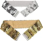 [BESPORTBLE] 2pcs Sparkly Glitter Sequin Wide Waist Belt Shiny Elastic Stretch Waist Band for Costume Dress Up for Dance Performances Disco Parties and Special Events Golden