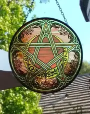 PENTAGRAM Suncatcher, 6" Stained Glass Look SUNCATCHER With PENTACLE STAR, PAGAN