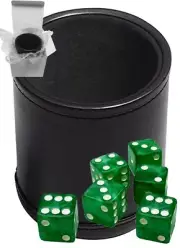 (6) 16mm Green Marbleized Dice + PU Leather Black Felt Lined Cup Sealed Box