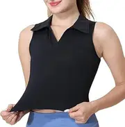 [Generic] Women's Collared Crop Tops with Built in Bra Workout Athletic Casual Cropped Sleeveless Padded Gym Tennis Tank