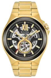 Brand New Bulova Maquina Automatic Gold Tone Skeleton Dial Men's Watch 98A178