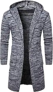 [Qolkmuiy-GJ] Men's Trendy Hooded Rib Knited Cardigan Long Open Front Chunky Sweater Slim Solid Color Opening Outwear