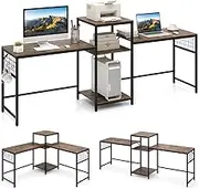 Giantex L-Shaped Desk, 240 cm Long Convertible 2-Person Desk with Printer Stand & Adjustable Shelf, Industrial Computer Desk Workstation for Writing, Gaming, Rustic Brown
