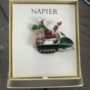 NEW Napier Santa Clause Snow Mobile Christmas Pin Brooch Gold Tone NEW