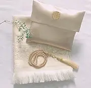 Premium Travel Prayer Mat with Bag & Beads - Lightweight Islamic Salah Rug for Eid & Ramadan - Portable, Durable, Comfortable - Perfect for Muslim Travelers (Beige)