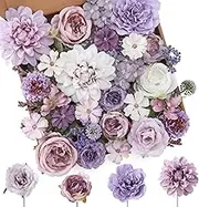 Floweroyal Artificial Flowers Combo Purple Flowers Mix Silk Flowers Dahlia Roses with Stems for DIY Wedding Bridal Bouquets, Baby Shower, Floral Arrangement, Table Centerpieces, Home Decorations.