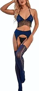[BFZJBWJL] Womens 4 Pieces Sexy Halter BodyStocking Tassel Fringe Lingerie Set with Suspender Garter Belt Bra Bodysuit Nightwear 4pc Playsuit Mesh Stockings Bikini Tie Neck Navy Blue, Navy Blue, One