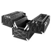 Caboodles Make Me Over Black Lace 4 Tray LARGE Train Cosmetic Storage Case NEW