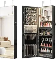 Giantex 108CM Wall/Door Mounted Jewelry Armoire w/ 3-Color LED Lights, Full Length Mirror, Lockable Jewelry Cabinet w/Foldable Makeup Shelf, 2 Drawers & Large Storage Capacity (Black)