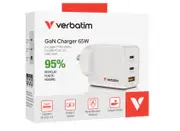 Verbatim 3 Port 65 Watt Portable GaN charger, 2 x USB-C PD 65w, 1x USB-A QC 3.0, GNC-65A Compact Design Apple, Android, Samsung,