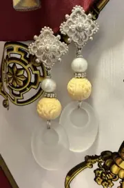Stephen Dweck Sterling Silver Pearl & Carved Quartz Earrings Clip One Of A Kind