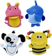 SUPVOX 4Pcs Bath Gloves Cartoon Body Shower Mitts for Exfoliating Massage Gentle Back Scrubbers for Smooth Skin Fun Bathing Experience with Bee Hippo Dog