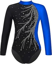 [Miutii] Kids Girls Long Sleeve Gymnastics Leotard Sparkly Rhinestone Dance Skating Unitard Competition Bodysuit Dancewear