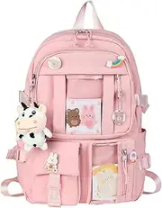 [HORHEAR] Kawaii Backpack for School, Cute Backpack with Kawaii Accessories Cartoon Brooch Pins and Stuffed Animal Pendant