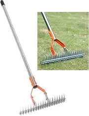 Topyond Thatch Rake 19 Curved Steel Tines Lawn Dethatcher Carbon, 14.7In Stainless Steel Heavy Duty Rake Anti Slip Handle for Removing Thatch Debris Yard Garden (3 Sections)