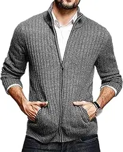 [Generic] Men Full Zip Sweaters Cardigan Full Zip Up Stand Collar Slim Fit Casual Knitted Sweater with Front Pockets