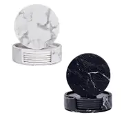 6x Coasters with Holder Marble Texture Round Cup Mat Pad Set For Drinks