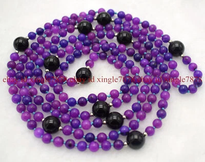 Long 100 Inch 6mm Natural Purple Sugilite & Black Agate Round Gem Beads Necklace