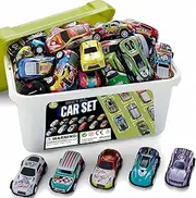 Liberty Imports 50 Piece Metal Alloy Die-cast Cars Pack Toy Play Set in Storage Carrying Bucket – 1:64 Scale Pull Back Action Miniature Vehicles Collection, Perfect for Party Favors & Kids