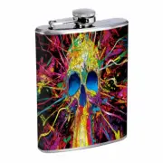 Rainbow Skull Splatter Em1 Flask 8oz Stainless Steel Hip Drinking Whiskey