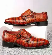 Handcrafted Alligator Double Buckle Monk Strap Cap Toe Shoes For Men