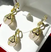 SALE ! SUPERB ENAMEL EGG PENDANT & EARRINGS SET STERLING 925 GENUINE PINK JADE