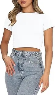 [OOHOKAY] Women's Basic T-Shirt Short Sleeve Y2K Crop Tops Crew Neck Slim Fit Tops Plain Classic Cut Summer T-Shirt, White-m1, XX-Large Short