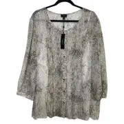 Talbots Womens Top Snake Print Button Front 3/4 Sleeve 2-Piece Brown Gray 24W