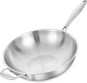 [LOLYKITCH] 14 Inch Tri-Ply Stainless Steel Wok, Stir-Frying Pan, Induction Cooking Pan, Dishwasher & Oven Safe, Heavy Duty & Detachable Handle