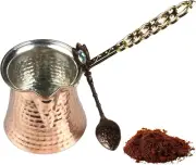 Turkish Coffee Pot and Copper Spoon Set - 9 Oz Thick 2Mm Antique Copper Looking