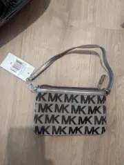MICHAEL KORS Wallet Wristlet Brown and Cream Small Logo Design Silver Hardware