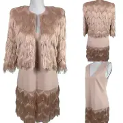 BCBGMaxazria XS 2 Dress Blazer Set Fringe Tassle Shift Slip 20s Aesthetic Pink