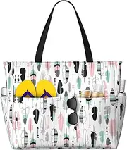 [Ghjkfbf] Feather Print Large Capacity Beach Travel Bag For Family, Beach Tote Bag For Women With Zipper Pockets, Black, One Size