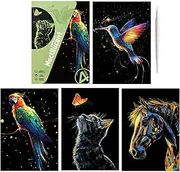 Scratch Off Art - Handmade Glitter Scratchboard Art Set of 4 - A4 Size Coloring Drawing Craft, Craft Art Supplies for Children, Teenagers and Adults