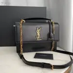 妮妮二手/SAINT LAURENT 聖羅蘭MEDIUM SUNSET牙簽紋牛皮 黑色 側/肩背包 斜背包金鏈 手提包