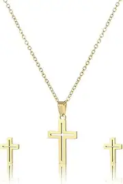 [Caiguoer] Cross Necklace and Earrings Set Gold/Silver Crucifix Necklace Jewellery for Women